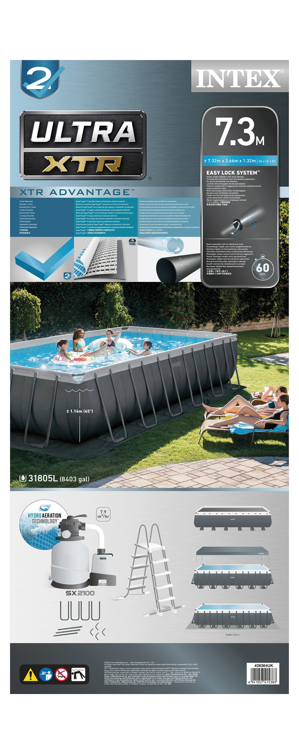 INTEX ULTRA XTR RECTANGULAR POOL SET, AGES 6+ 26364 (W/220-240V SAND FILTER PUMP, SAFETY LADDER, GROUND CLOTH, COVER) - Image 3