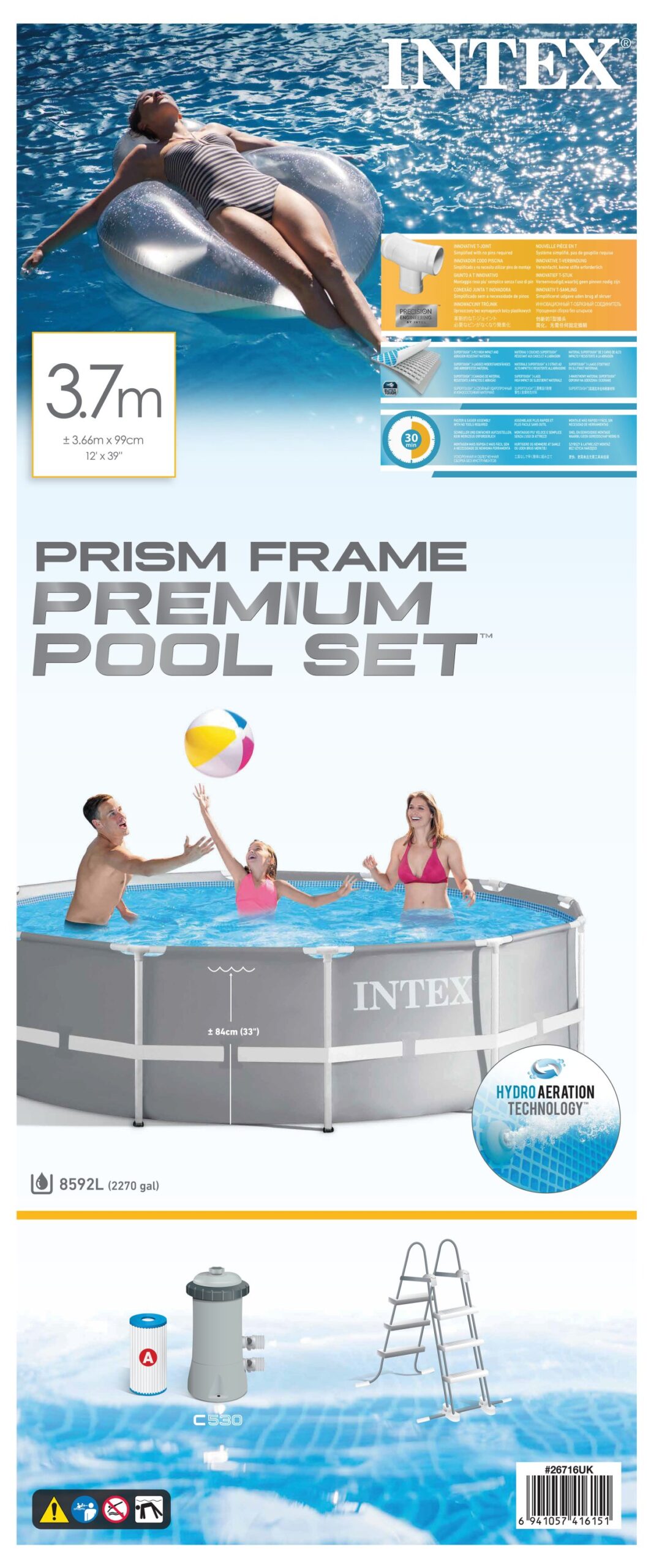 INTEX PRISM FRAME PREMIUM POOL SET, AGES 6+ 26716 (W/220-240V FILTER PUMP, SAFETY LADDER)