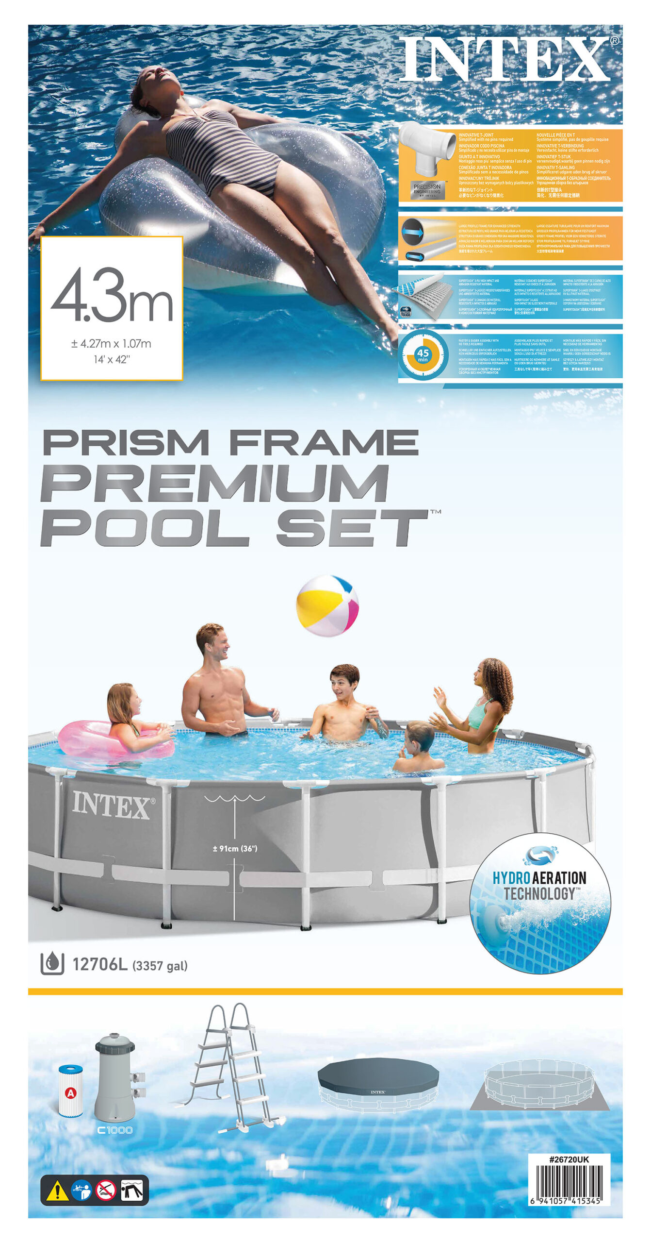 INTEX PRISM FRAME PREMIUM POOL SET, AGES 6+ 26720 (W/220-240V FILTER PUMP, SAFETY LADDER, GROUND CLOTH, COVER)