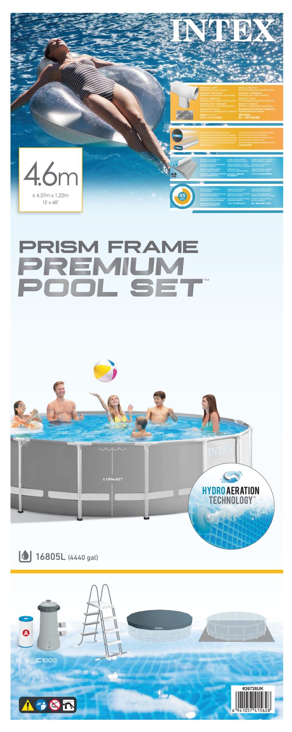 INTEX PRISM FRAME PREMIUM POOL SET, AGES 6+ 26726 (W/220-240V FILTER PUMP, SAFETY LADDER, GROUND CLOTH, COVER)
