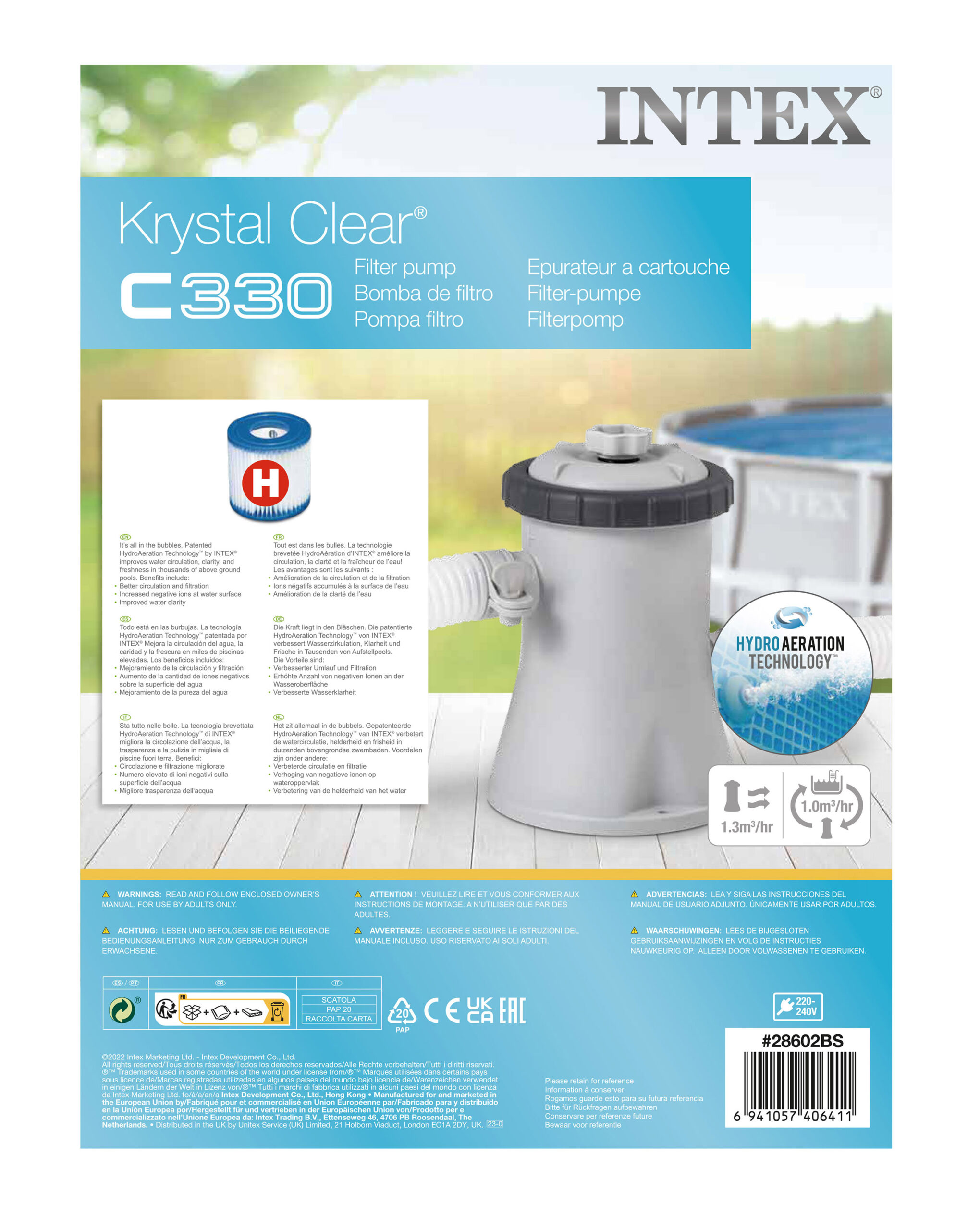 INTEX 330 GALLONS CARTRIDGE FILTER PUMP (220 240 VOLT), 330 GAL./HR 28602