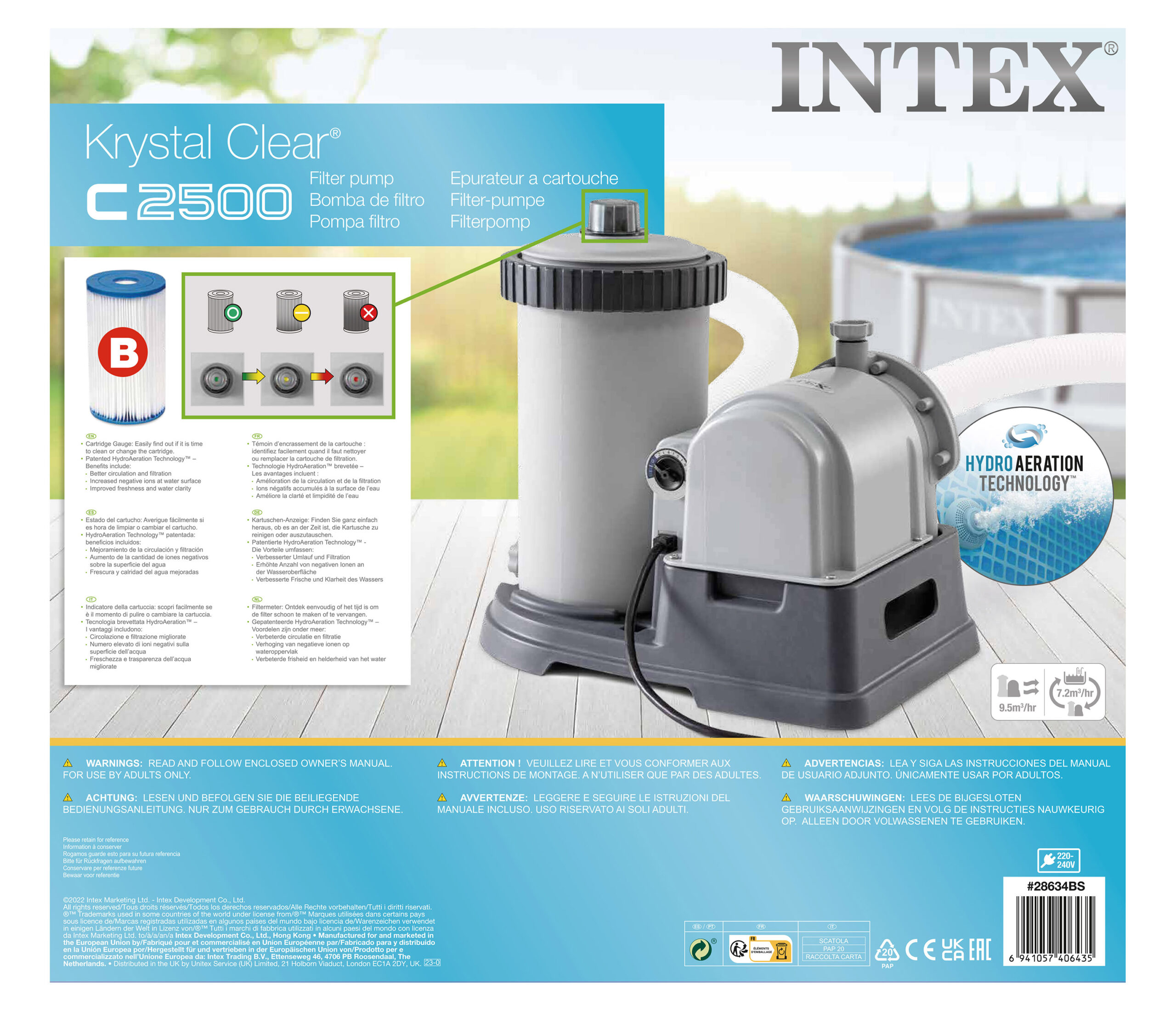 INTEX 2500 GALLONS CARTRIDGE FILTER PUMP (220-240 VOLT), 2500 GAL./HR. 28634