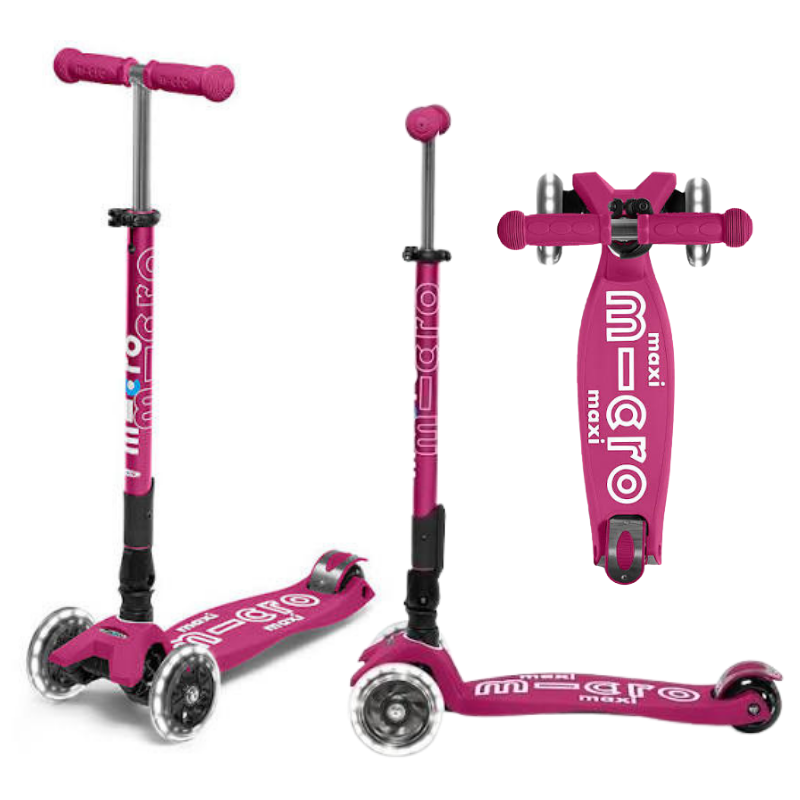 MAXI MICRO DELUXE FOLDABLE BERRY RED LED 3 WHEEL SCOOTER